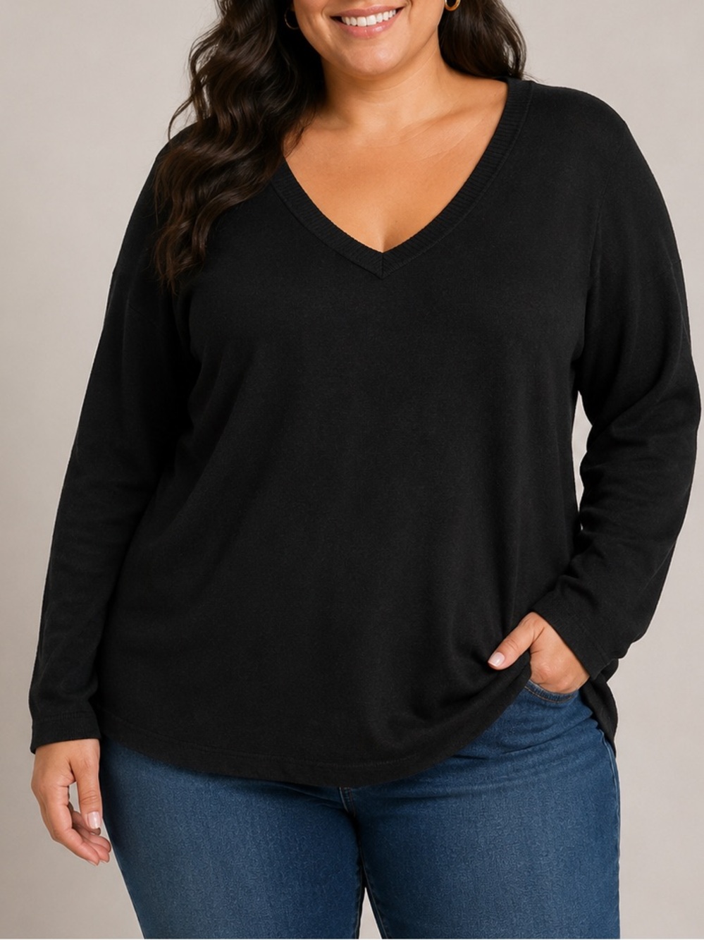 Loulou Studio V-Neck Long Sleeve Tee - Black 2X